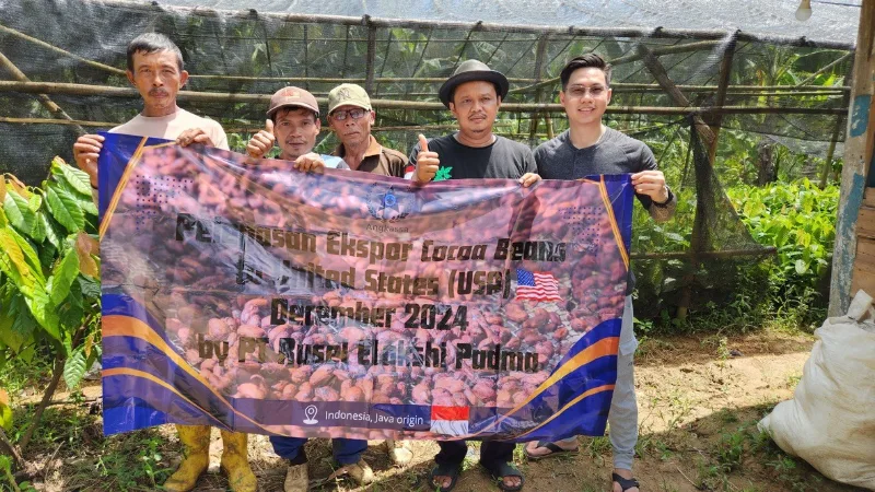 Lima orang memegang spanduk pelepasan ekspor biji kakao ke Amerika Serikat di antara bibit tanaman kakao.