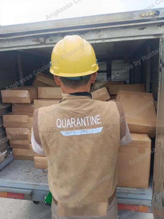 Petugas berompi bertulisan Quarantine memeriksa kardus di dalam truk, terlihat dari belakang.
